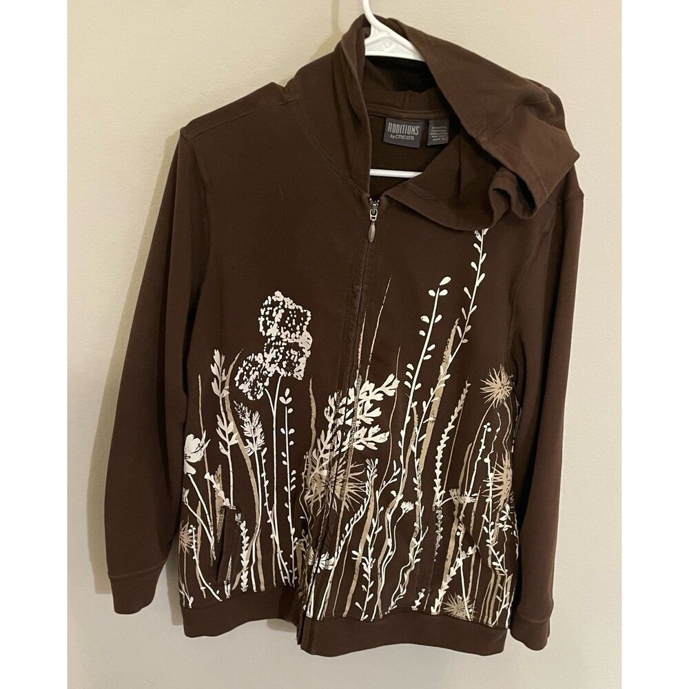 Brown Wildflowers Chico’s Chicos Women’s Zenergy Sweatshirt Hoodie, Size 3